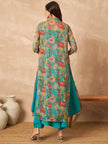 Teal  Silk Blend Solid A-Line Kurta Trouser With Floral Print Shrug