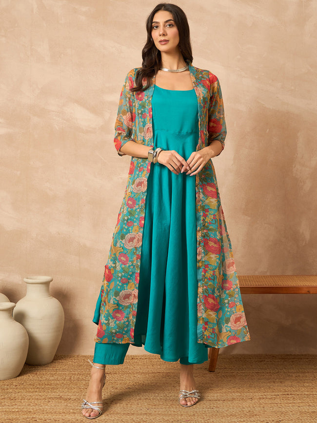 Teal  Silk Blend Solid A-Line Kurta Trouser With Floral Print Shrug