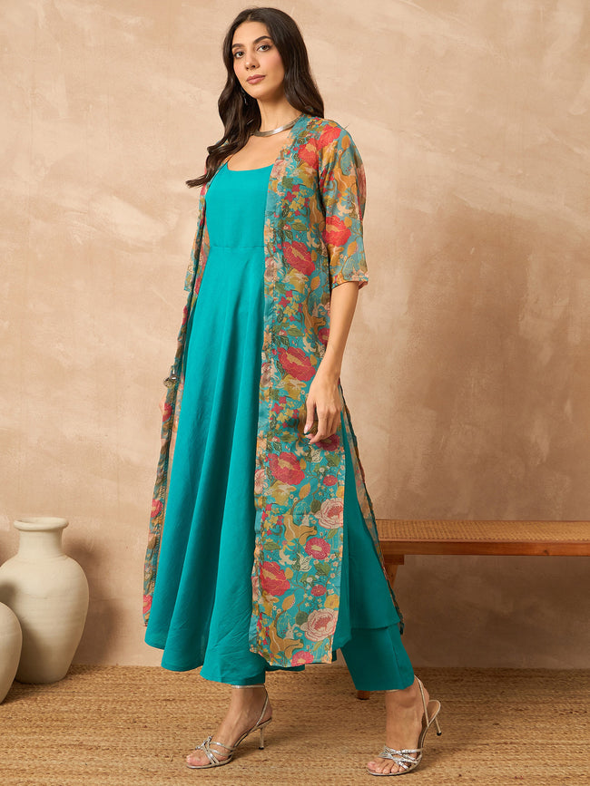 Teal  Silk Blend Solid A-Line Kurta Trouser With Floral Print Shrug
