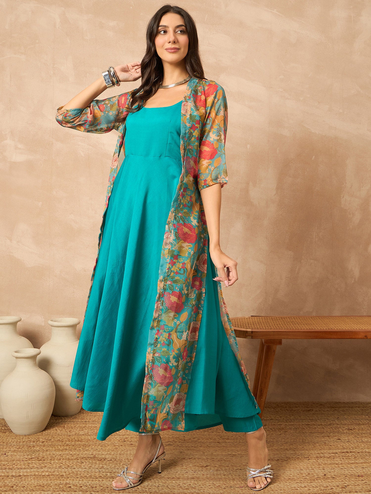Teal  Silk Blend Solid A-Line Kurta Trouser With Floral Print Shrug