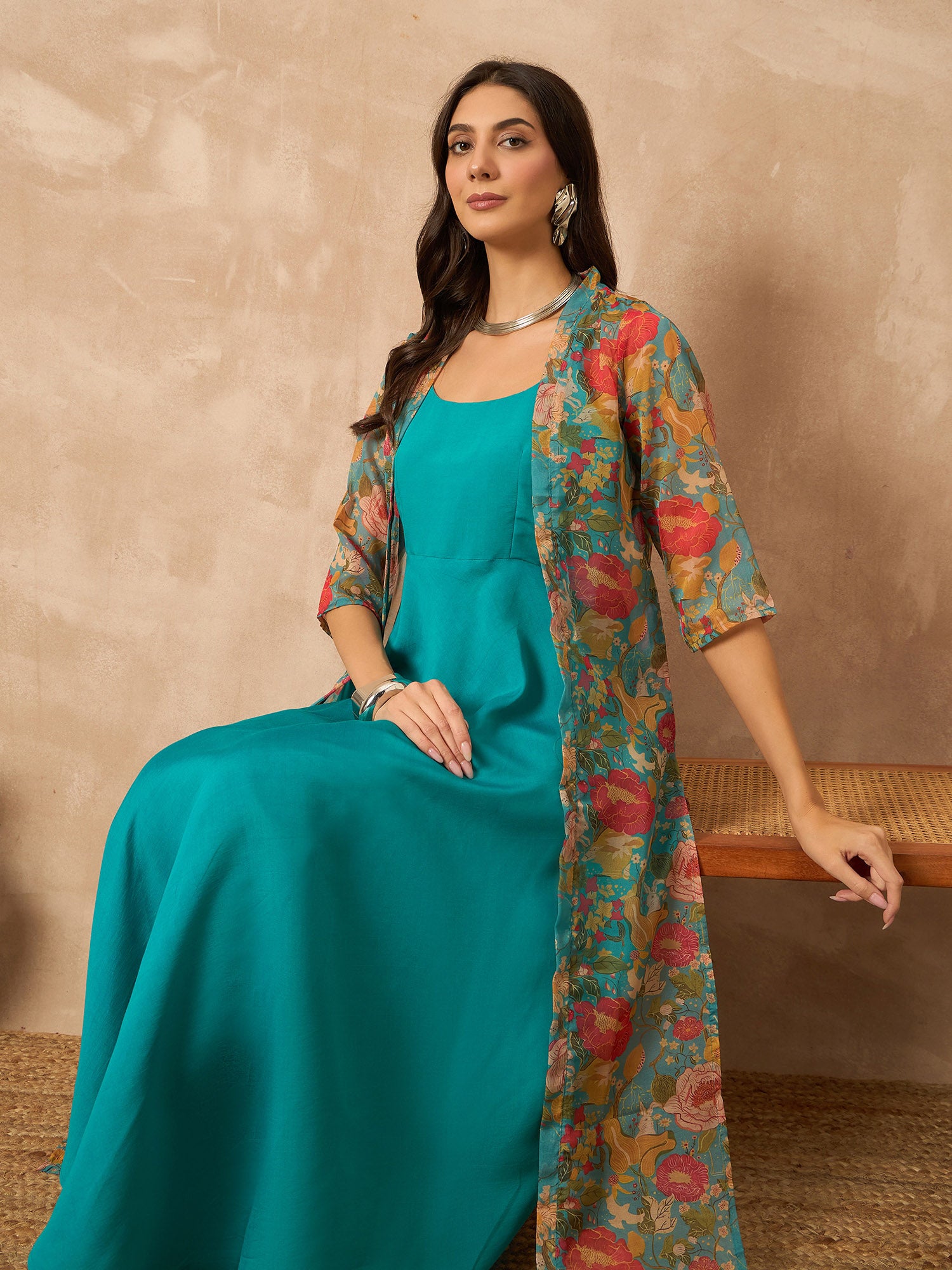 Teal  Silk Blend Solid A-Line Kurta Trouser With Floral Print Shrug