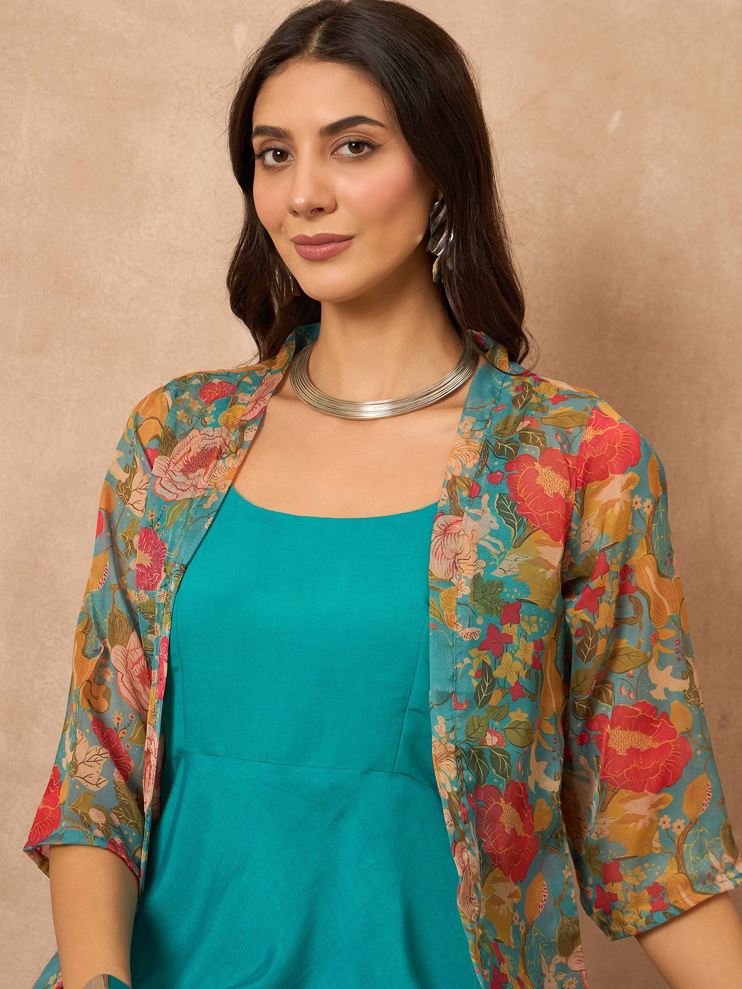 Teal  Silk Blend Solid A-Line Kurta Trouser With Floral Print Shrug