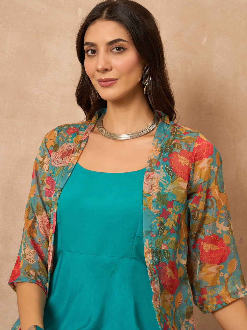 Teal  Silk Blend Solid A-Line Kurta Trouser With Floral Print Shrug