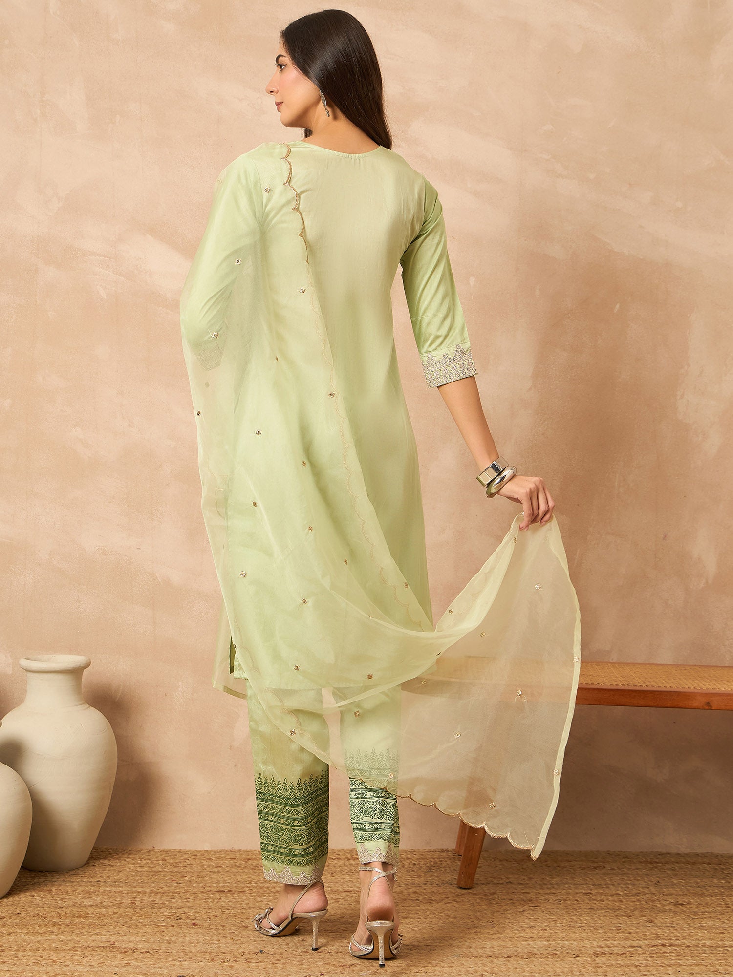 Green Silk Blend Solid A-Line Kurta Trouser With Dupatta
