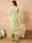Green Silk Blend Solid A-Line Kurta Trouser With Dupatta