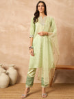 Green Silk Blend Solid A-Line Kurta Trouser With Dupatta