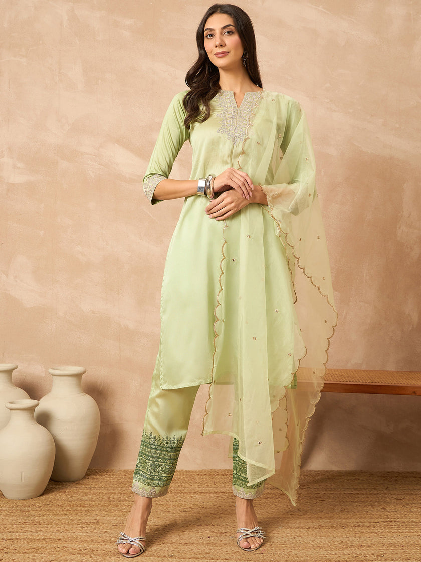 Green Silk Blend Solid A-Line Kurta Trouser With Dupatta