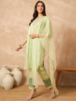 Green Silk Blend Solid A-Line Kurta Trouser With Dupatta