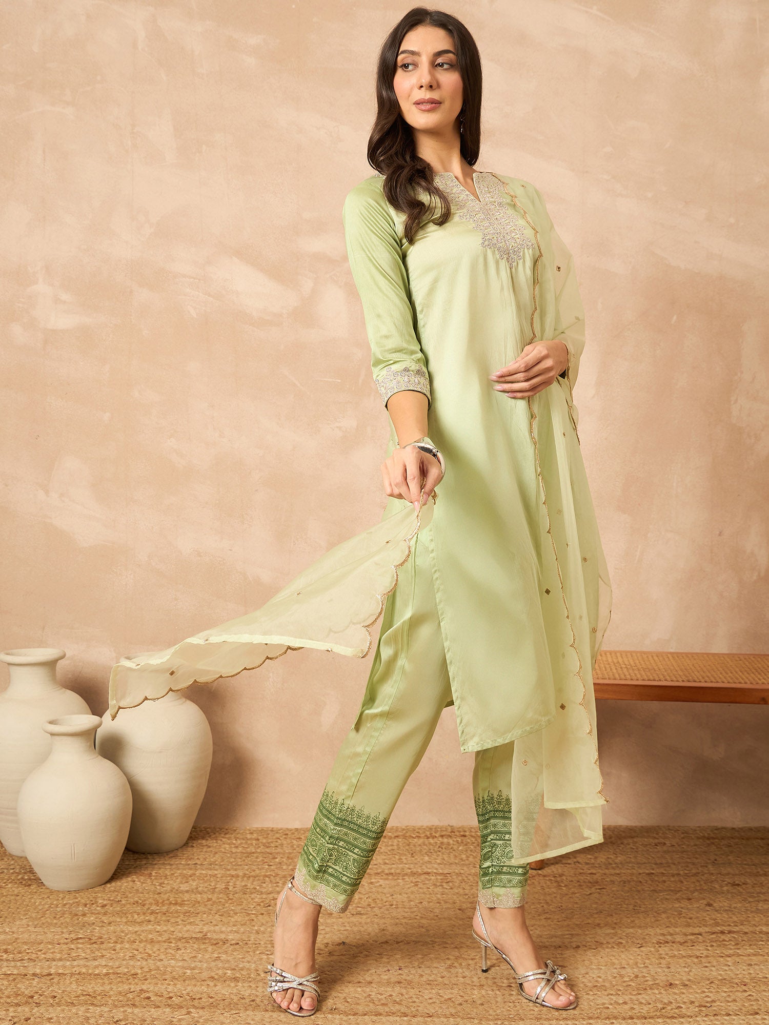 Green Silk Blend Solid A-Line Kurta Trouser With Dupatta
