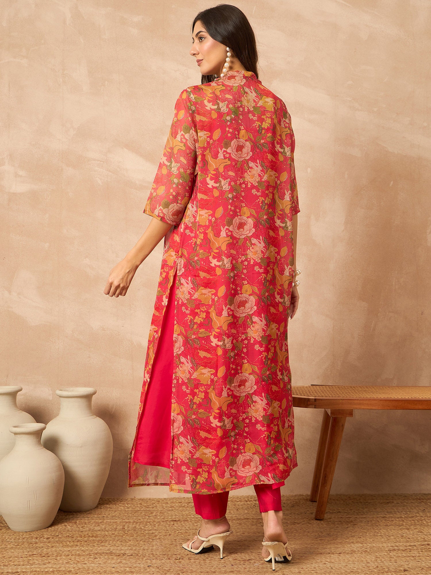 Rose  Silk Blend Solid A-Line Kurta Trouser With Floral Print Shrug