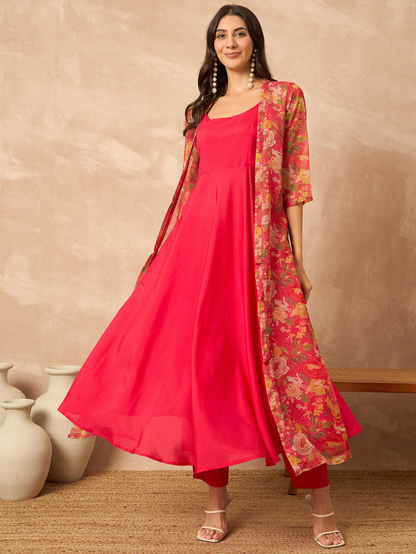 Rose  Silk Blend Solid A-Line Kurta Trouser With Floral Print Shrug
