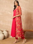 Rose  Silk Blend Solid A-Line Kurta Trouser With Floral Print Shrug