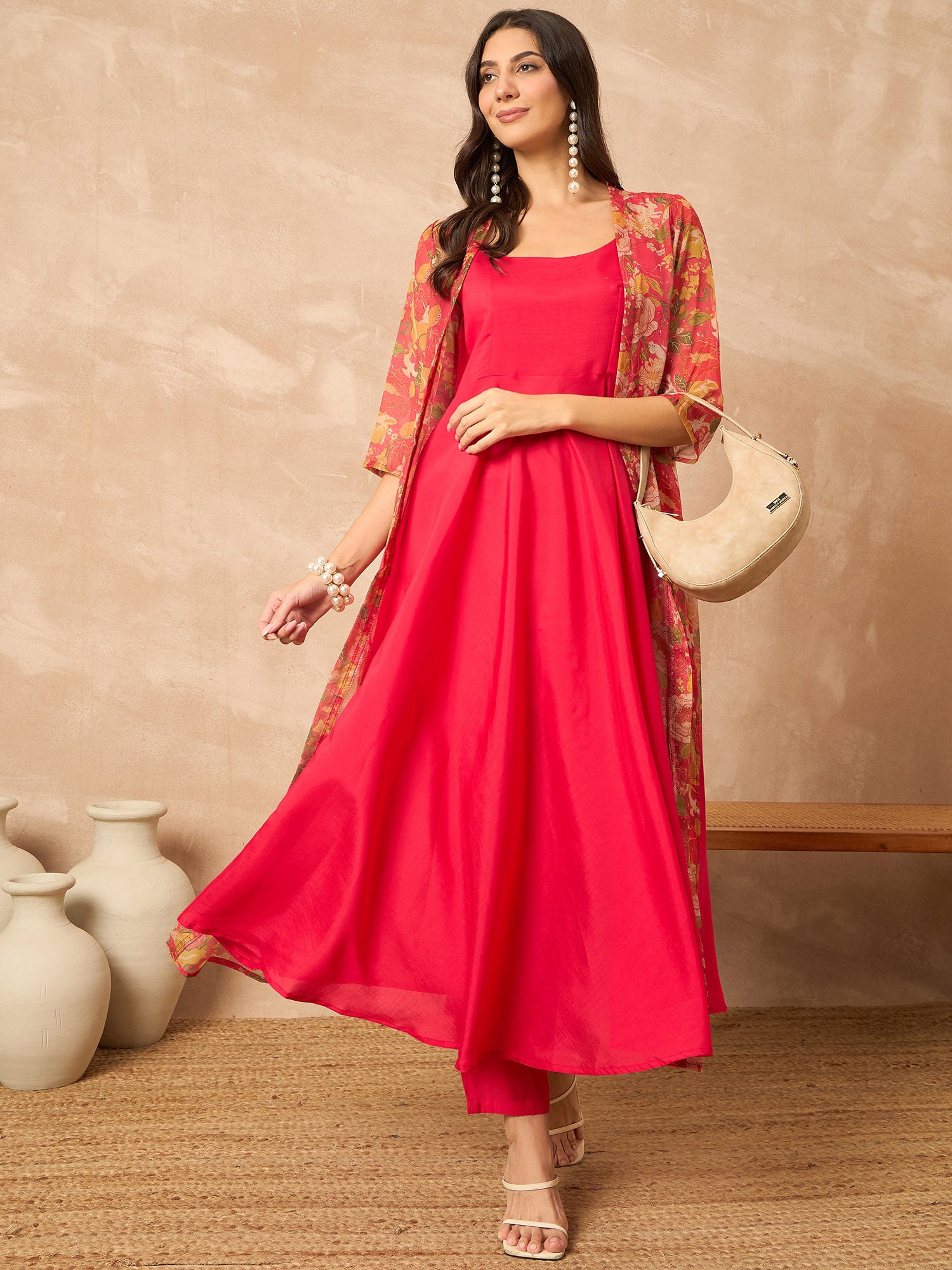Rose  Silk Blend Solid A-Line Kurta Trouser With Floral Print Shrug