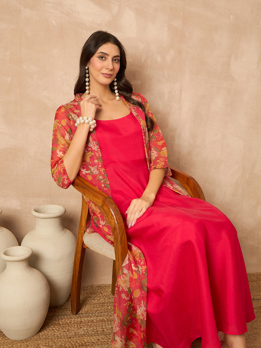 Rose  Silk Blend Solid A-Line Kurta Trouser With Floral Print Shrug