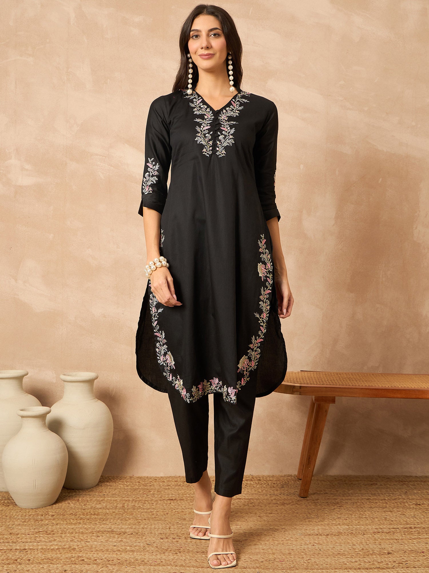Black Silk Blend Embroideried A-Line Kurta Trouser With Dupatta