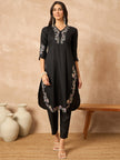 Black Silk Blend Embroideried A-Line Kurta Trouser With Dupatta