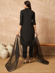 Black Silk Blend Embroideried A-Line Kurta Trouser With Dupatta