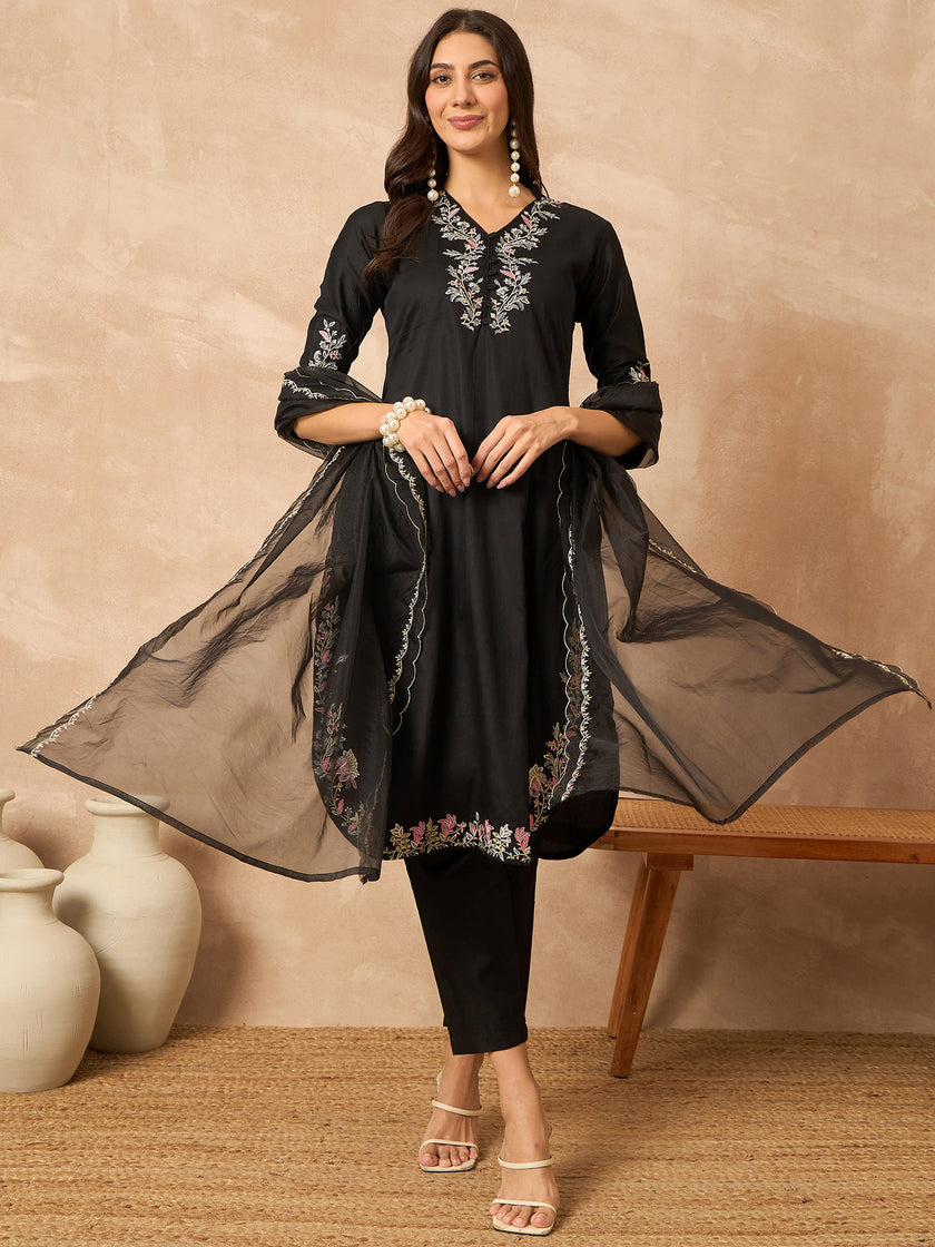 Black Silk Blend Embroideried A-Line Kurta Trouser With Dupatta