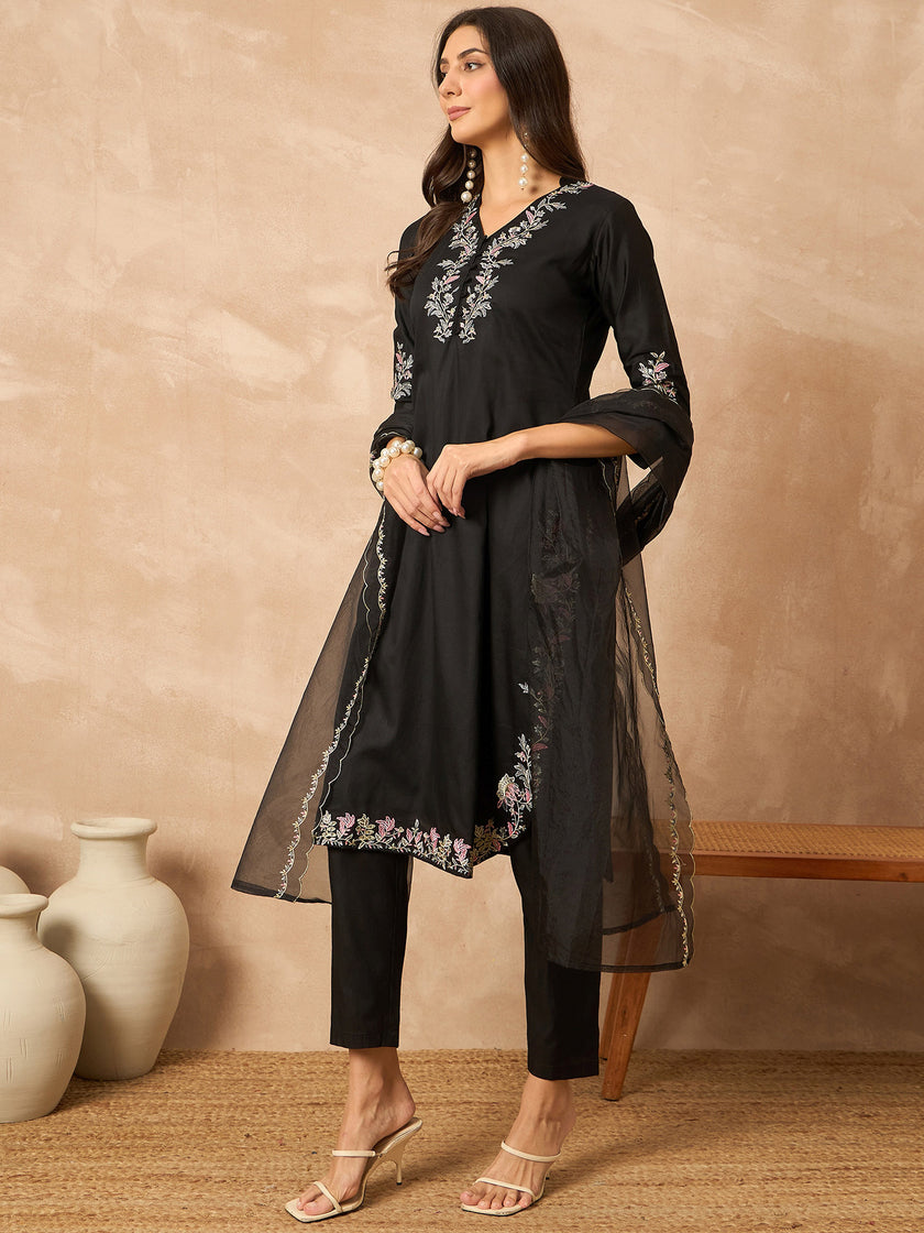 Black Silk Blend Embroideried A-Line Kurta Trouser With Dupatta