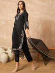 Black Silk Blend Embroideried A-Line Kurta Trouser With Dupatta