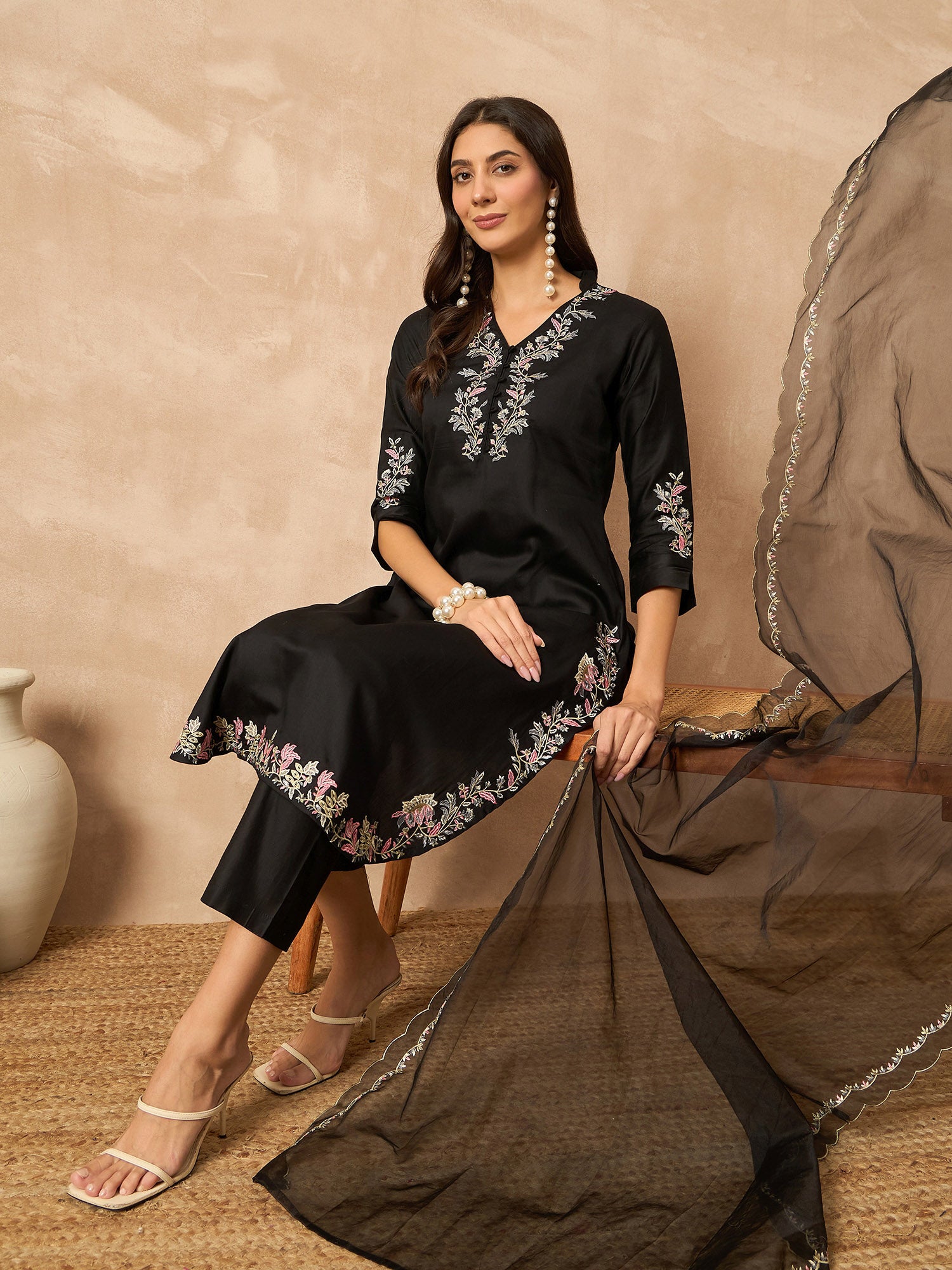 Black Silk Blend Embroideried A-Line Kurta Trouser With Dupatta