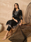 Black Silk Blend Embroideried A-Line Kurta Trouser With Dupatta