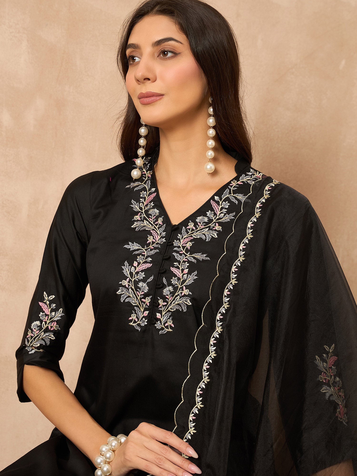 Black Silk Blend Embroideried A-Line Kurta Trouser With Dupatta