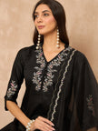 Black Silk Blend Embroideried A-Line Kurta Trouser With Dupatta