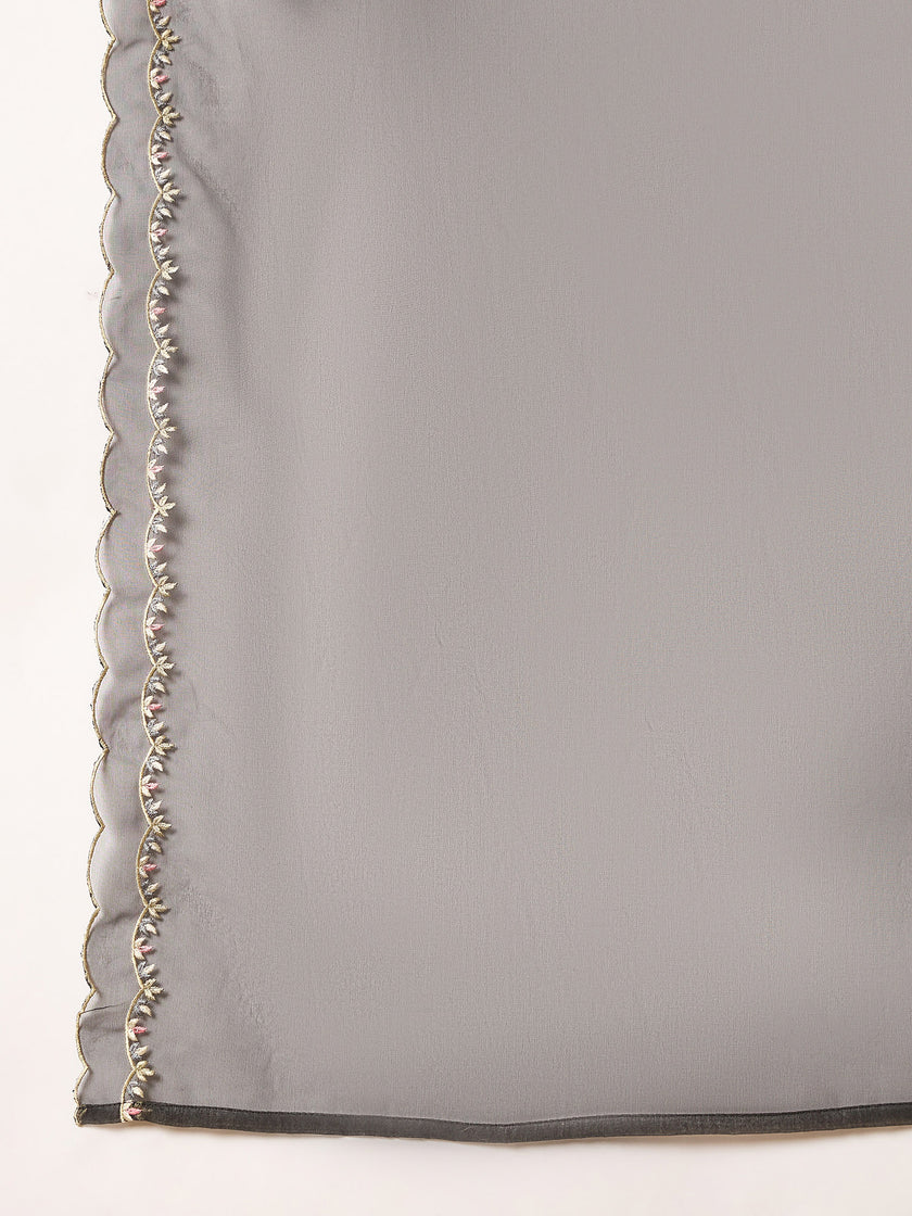 Black Silk Blend Embroideried A-Line Kurta Trouser With Dupatta