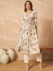 Cream  Cotton Blend Printed Anarkali Kurta Trouser With Dupatta