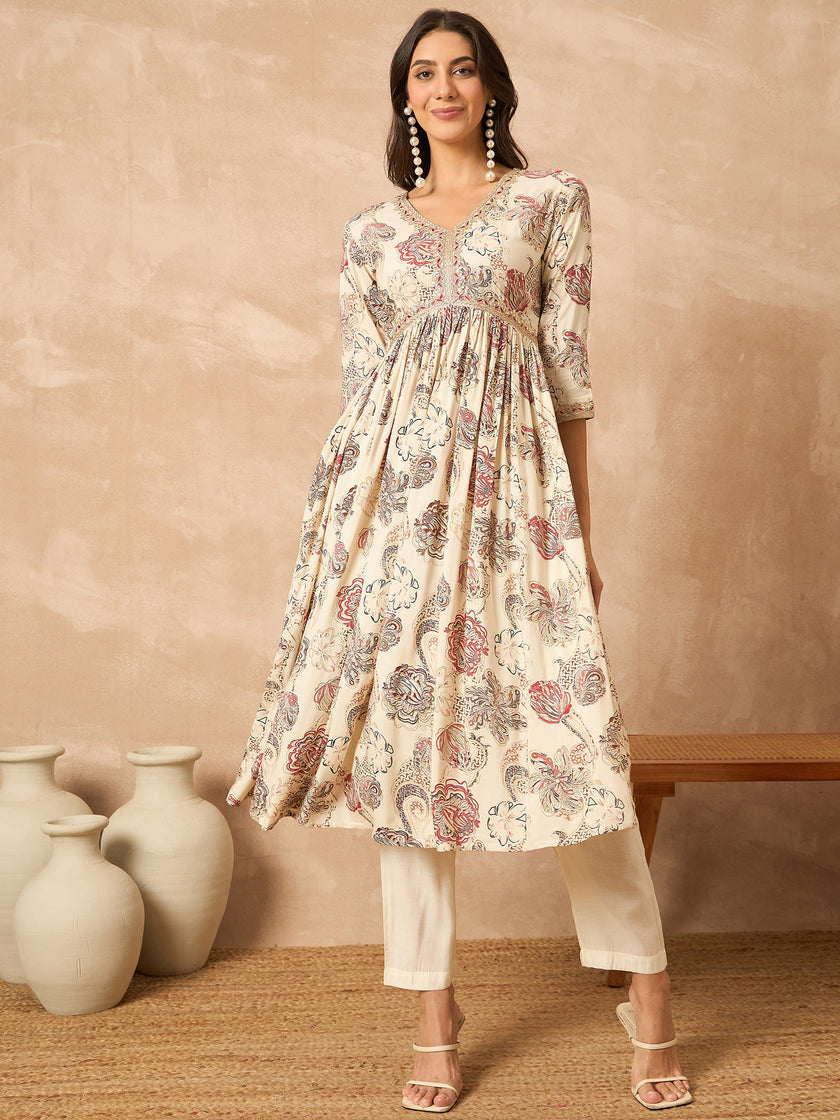 Cream  Cotton Blend Printed Anarkali Kurta Trouser With Dupatta