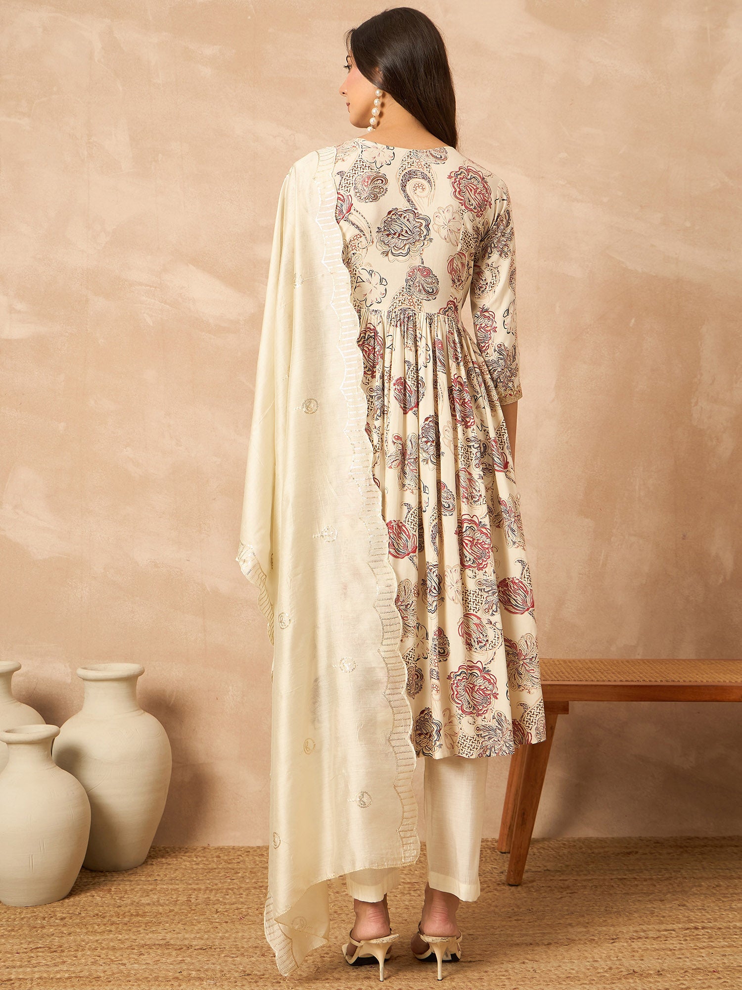 Cream  Cotton Blend Printed Anarkali Kurta Trouser With Dupatta