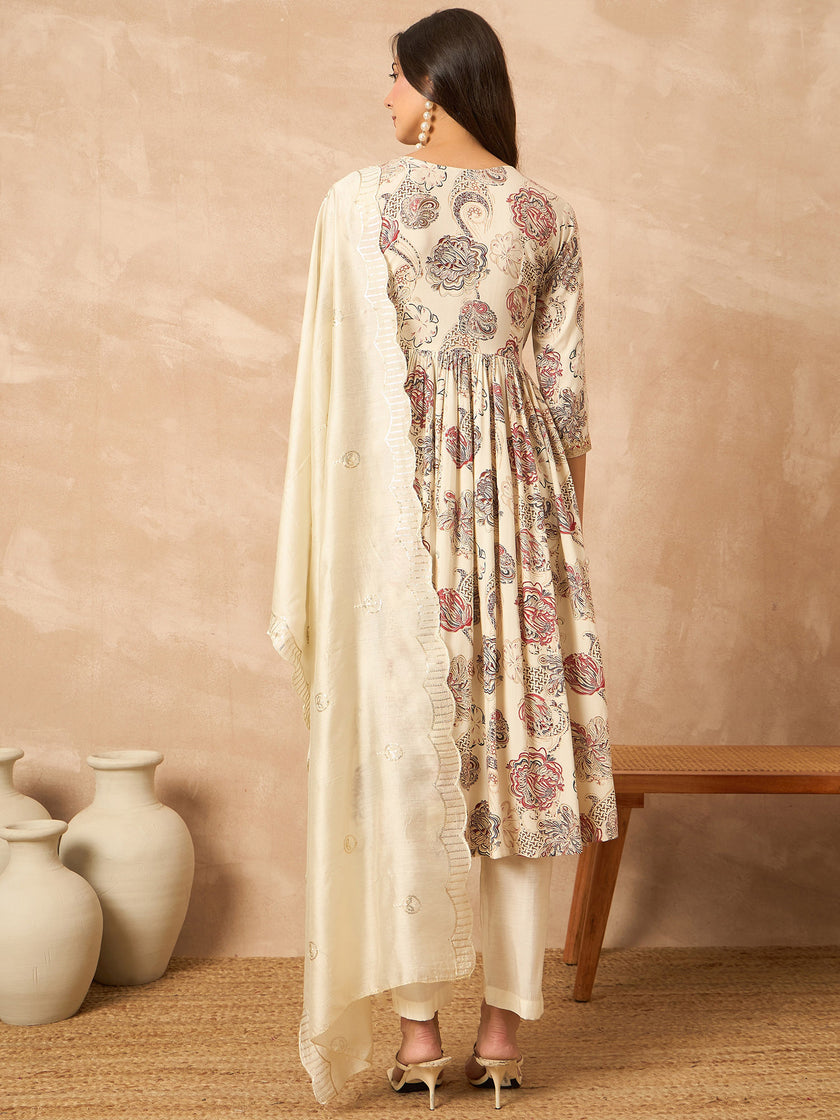 Cream  Cotton Blend Printed Anarkali Kurta Trouser With Dupatta
