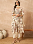 Cream  Cotton Blend Printed Anarkali Kurta Trouser With Dupatta