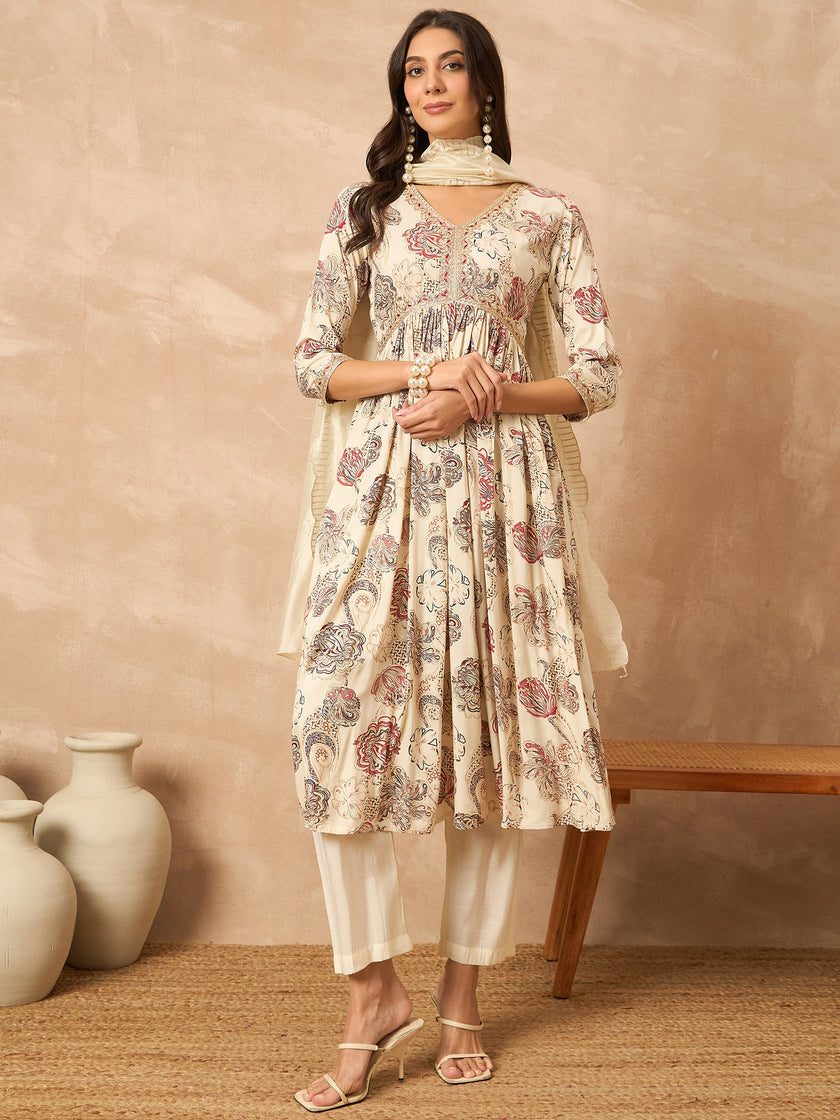 Cream  Cotton Blend Printed Anarkali Kurta Trouser With Dupatta