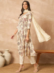 Cream  Cotton Blend Printed Anarkali Kurta Trouser With Dupatta