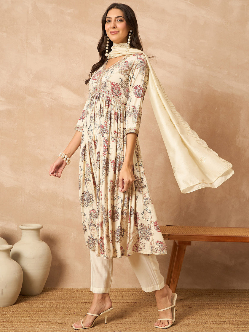 Cream  Cotton Blend Printed Anarkali Kurta Trouser With Dupatta