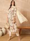 Cream  Cotton Blend Printed Anarkali Kurta Trouser With Dupatta