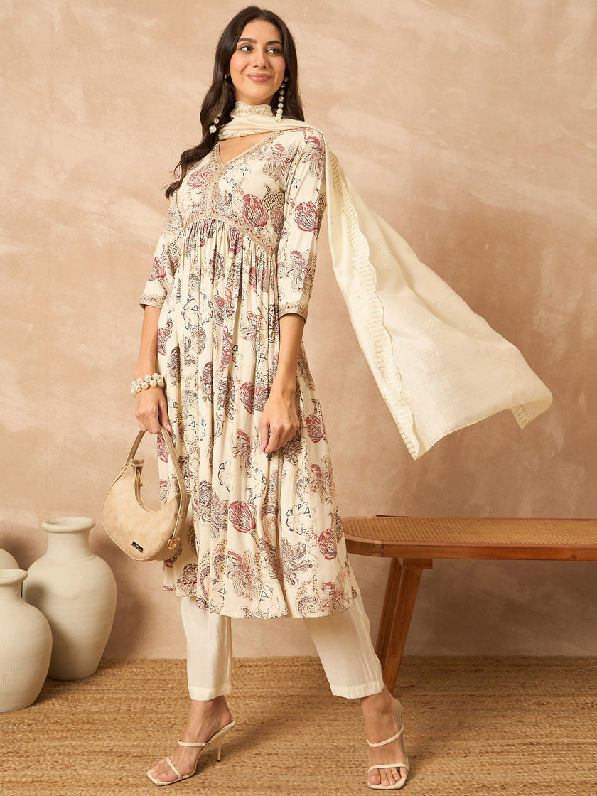 Cream  Cotton Blend Printed Anarkali Kurta Trouser With Dupatta