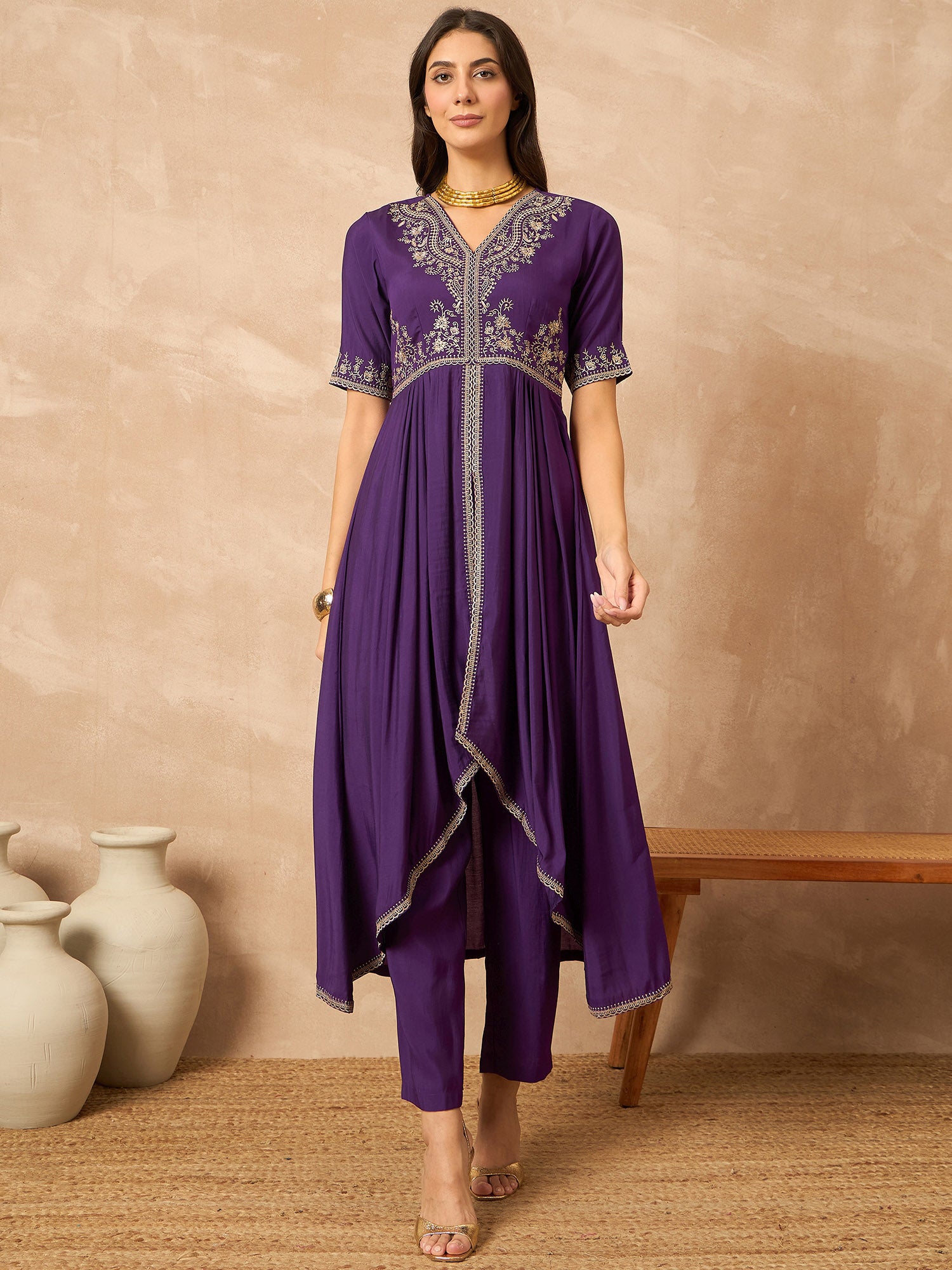 Purple  Silk Blend Solid Anarkali Kurta Trouser With Dupatta