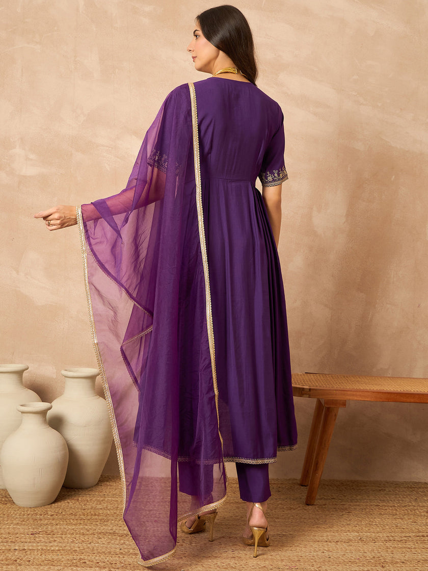 Purple  Silk Blend Solid Anarkali Kurta Trouser With Dupatta