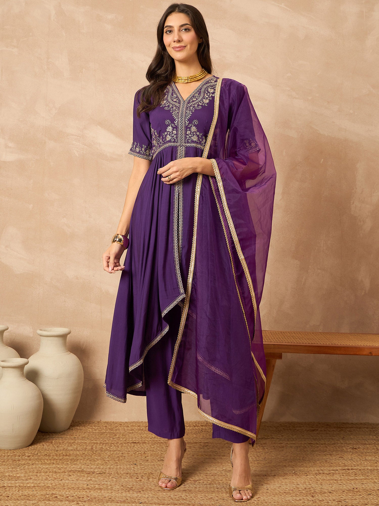 Purple  Silk Blend Solid Anarkali Kurta Trouser With Dupatta