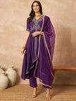 Purple  Silk Blend Solid Anarkali Kurta Trouser With Dupatta