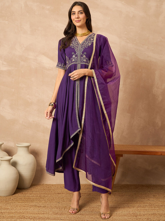 Purple  Silk Blend Solid Anarkali Kurta Trouser With Dupatta