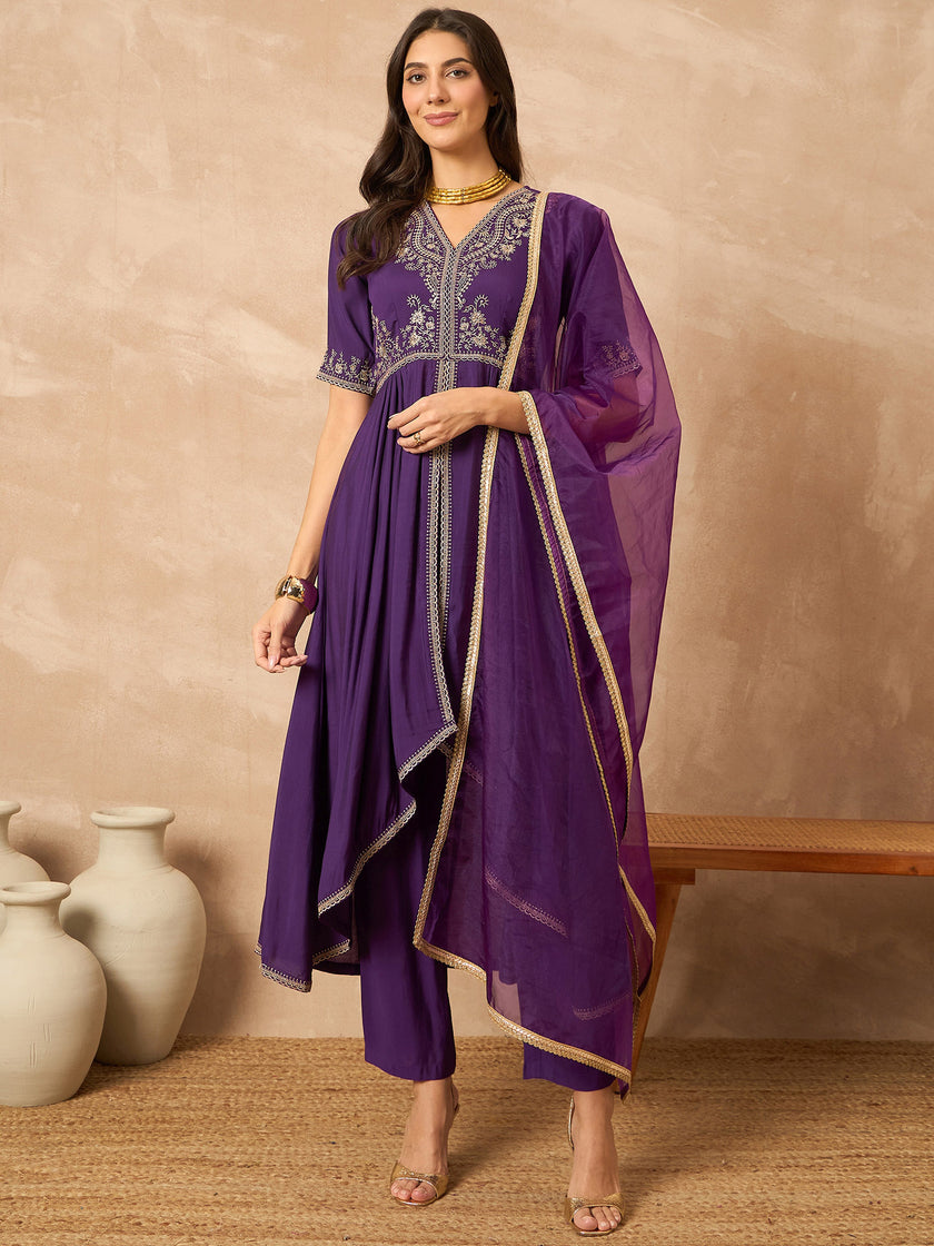 Purple  Silk Blend Solid Anarkali Kurta Trouser With Dupatta