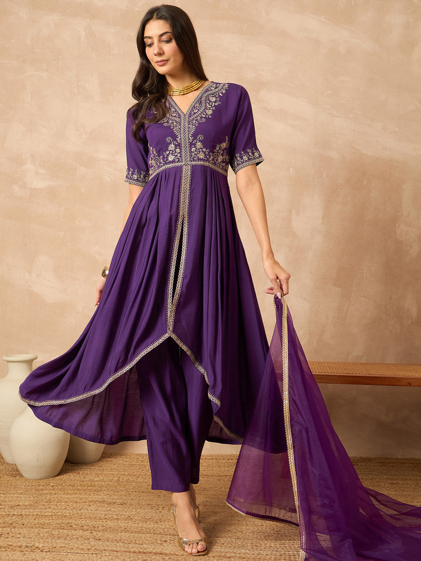 Purple  Silk Blend Solid Anarkali Kurta Trouser With Dupatta