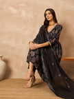 Black Cotton Blend Printed Anarkali Kurta Trouser With Dupatta