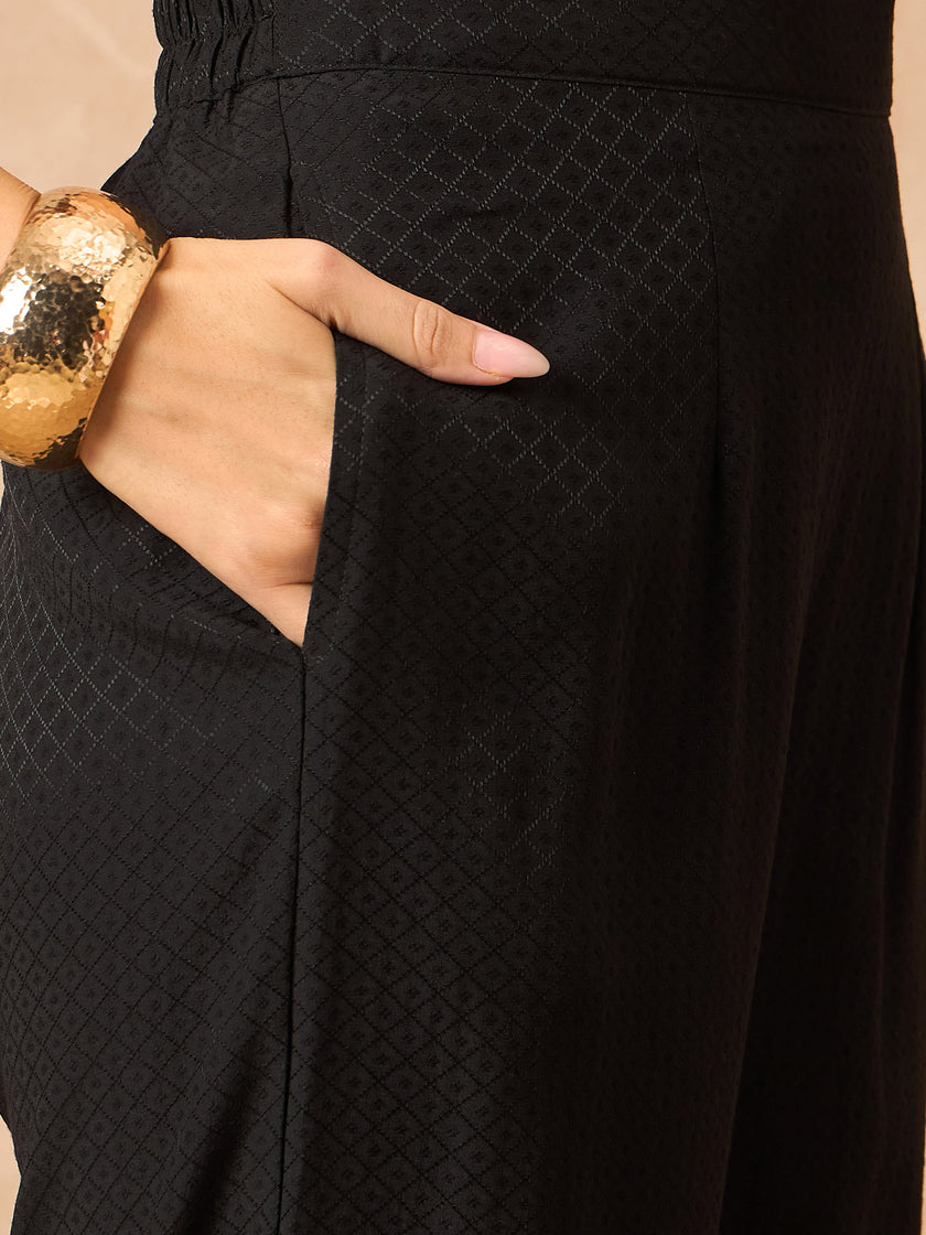 Black Cotton Blend Solid A-Line Kurta Trouser With Dupatta