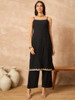 Black Cotton Blend Solid A-Line Kurta Trouser With Dupatta