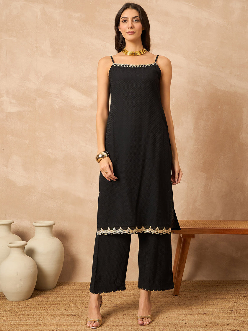 Black Cotton Blend Solid A-Line Kurta Trouser With Dupatta